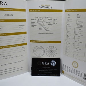 May include: A white and gold grading report for a moissanite gemstone. The report includes the GRA report number 3305502225, the shape and cutting style, measurements, grading results, and additional grading information. The report also includes a diagram of the moissanite's proportions and clarity characteristics.