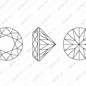 May include: A black and white line drawing showing three views of a round brilliant cut gemstone. The left view shows the crown, the center view shows the profile, and the right view shows the pavilion, all featuring geometric facet patterns.