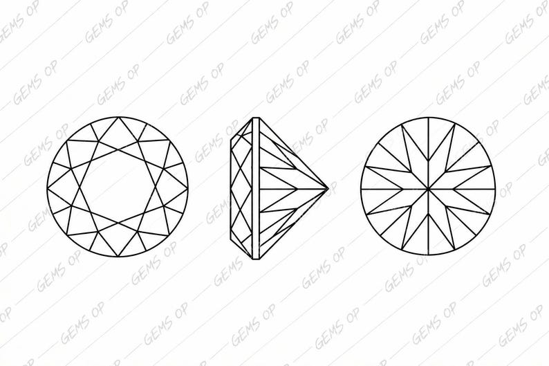 May include: A black and white line drawing showing three views of a round brilliant cut gemstone. The left view shows the crown, the center view shows the profile, and the right view shows the pavilion, all featuring geometric facet patterns.
