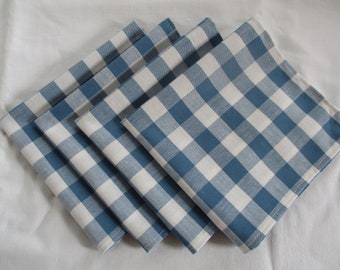 4 New Handmade Blue and White Gingham Napkins (100% Cotton)