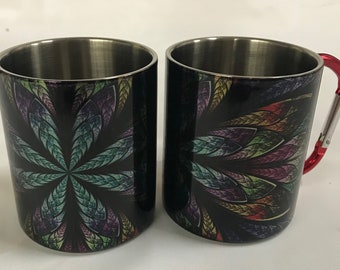 Stained Glass Flower - Stainless Steel Mug with Carabiner Clip Handle / Burning Man / Festivals / Ascend Expand