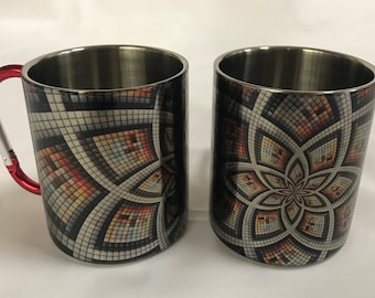 White Puff - Stainless Steel Mug with Carabiner Clip Handle / Burning Man / Festivals / 3D / Fractal / Mandala