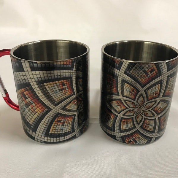 White Puff - Stainless Steel Mug with Carabiner Clip Handle / Burning Man / Festivals / 3D / Fractal / Mandala