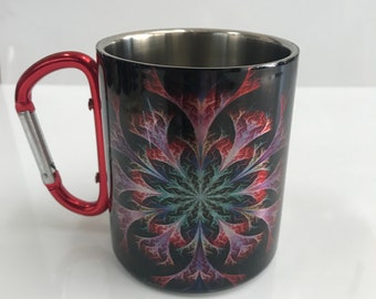 Red Radiance - Stainless Steel Mug with Carabiner Clip Handle / Burning Man / Psytrance Festivals / Fractal