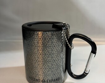 GEO GRID - Stainless Steel Mug with Carabiner Clip Handle / Burning Man / Festivals / LSD / Dmt / Sacred Geometry
