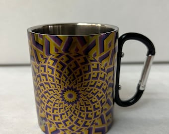 3D Yellow Spiral - Stainless Steel Mug with Carabiner Clip Handle / Burning Man / Festivals / Ascend Expand / Flower of Life