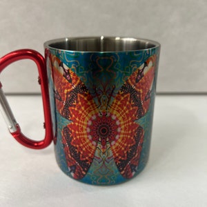 Colorful Butterfly Stainless Steel Mug with Carabiner Clip Handle / Burning Man / Festivals / Animals / Nature image 1