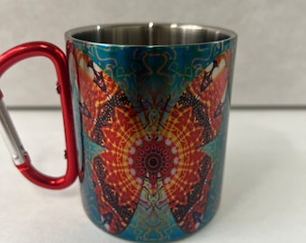Colorful Butterfly - Stainless Steel Mug with Carabiner Clip Handle / Burning Man / Festivals / Animals / Nature
