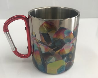 Quartz Rainbow- Stainless Steel Mug with Carabiner Clip Handle / Burning Man / Festivals / Color Art / Crystals