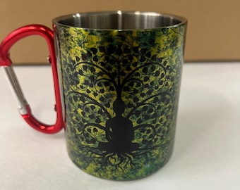 Buddha Tree - Stainless Steel Mug with Carabiner Clip Handle / Burning Man / Festivals / Ascend Expand / Buddha / Forest