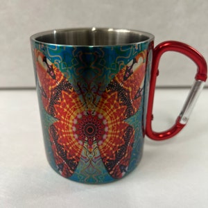 Colorful Butterfly Stainless Steel Mug with Carabiner Clip Handle / Burning Man / Festivals / Animals / Nature image 3