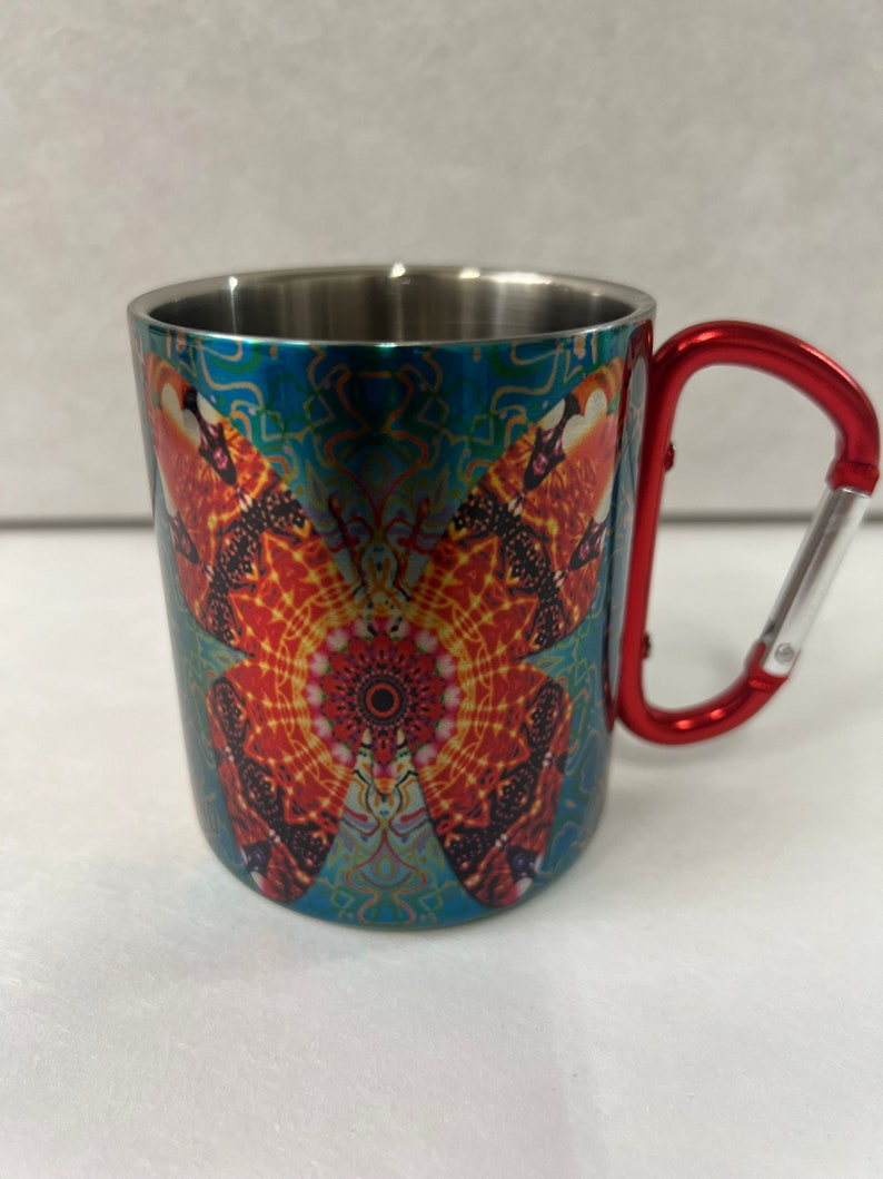 Colorful Butterfly Stainless Steel Mug with Carabiner Clip Handle / Burning Man / Festivals / Animals / Nature image 3