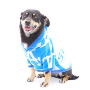 May include: A black and brown dog wearing a blue hooded fleece sweater with white lettering.