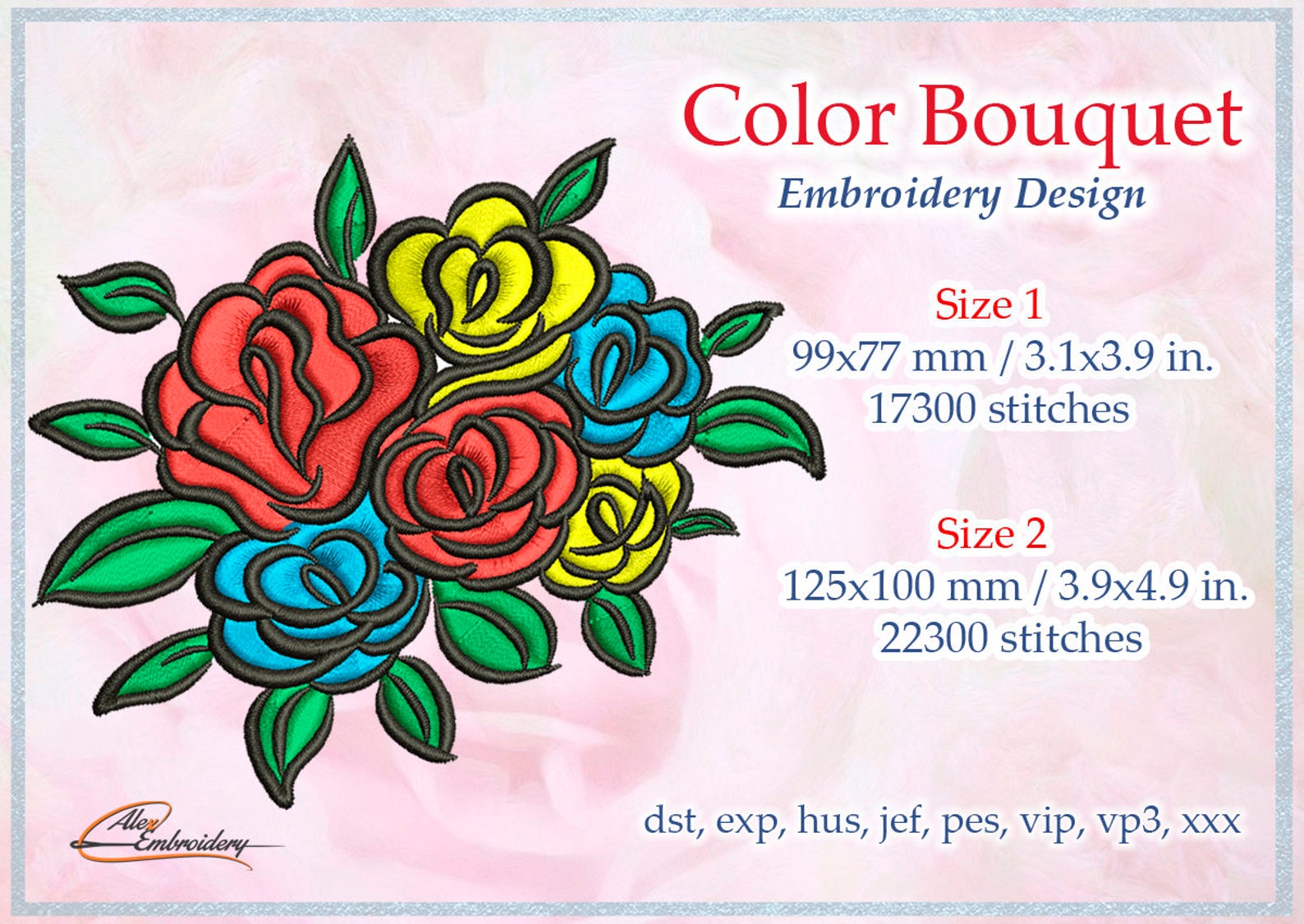 Color Flower Bouquet Embroidery Design. 2 Sizes. 8 Embroidery Etsy
