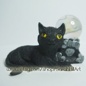 Handmade Polymer Black cat and Crystal ball