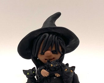 Handmade little Witch and her familiars (black cats) by Sarah Hill