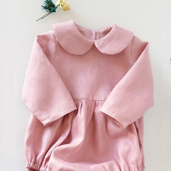 Baby romper in pink linen petal with Col Claudine