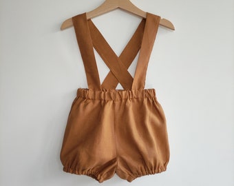 Bloomers with adjustable brown linen straps for babies and children