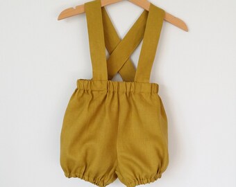 Bloomer with adjustable strap linen mustard/green for baby and child