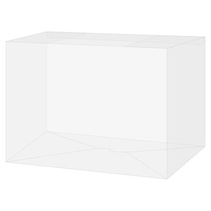 May include: A clear, transparent, rectangular box with a folded bottom and top. The box is made of a thin, see-through material, and the edges are defined by subtle lines. The box is empty and appears to be designed for packaging or display purposes.