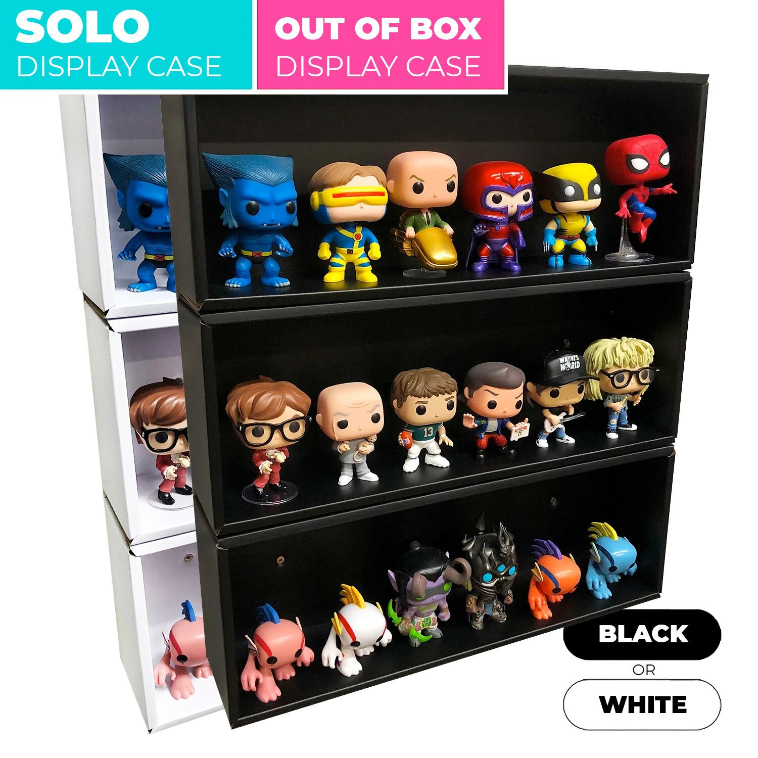 Dustproof Display case for 3 boxed collectables Funko pops colour bases 
