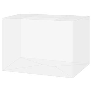 May include: A clear plastic box with a rectangular shape. The box is empty and has a flap on the top.