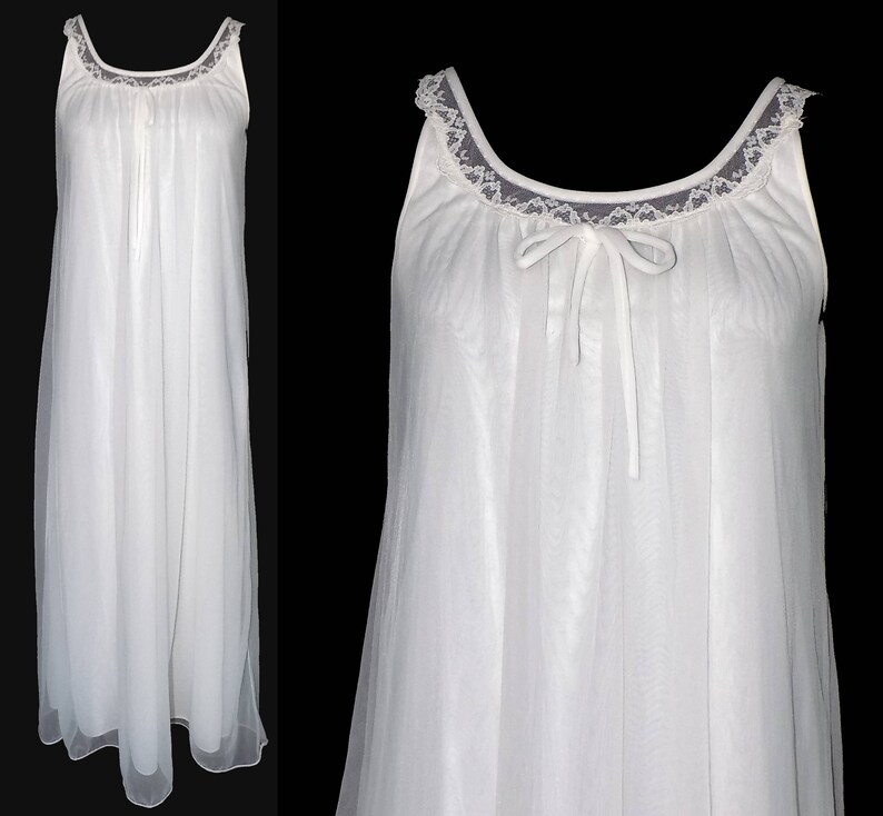 Vintage Miss Elaine Chiffon Lingerie Nightie Shift White 1960s Size Medium