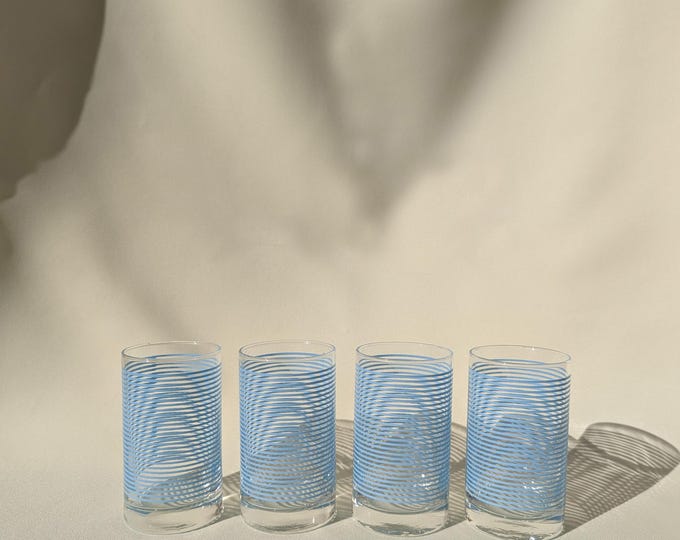 Vintage Retro Blue Stripe Drinking Glasses - Set of 6