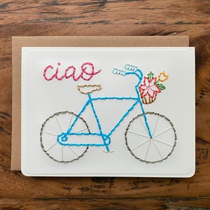 Ciao | Carte de vœux Ciao | Stationnaire | Carte cousue à la main | Vélo avec des fleurs | Bonjour carte de vœux | Carte d'amitié | Salutation italienne