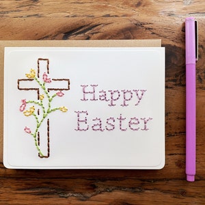 Carte Joyeuses Pâques | Croix | Carte de Pâques religieuse | Croix avec carte de fleurs | Carte de croix religieuse | Carte de vœux de Pâques | Carte cousue