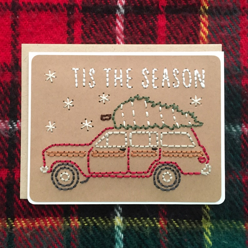 Christmas Card Holiday Card Car With Tree Christmas Tis the Season Card Jeep Christmas Jeep Jeep Wagoneer Christmas Card image 2