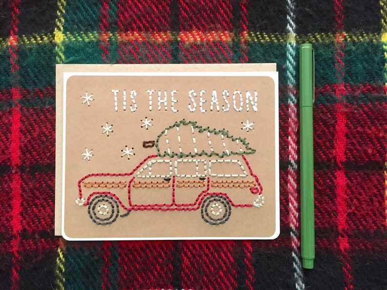 Christmas Card Holiday Card Car With Tree Christmas Tis the Season Card Jeep Christmas Jeep Jeep Wagoneer Christmas Card image 1