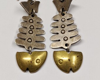 Vintage Dead Fish Bone Pierced Earrings, 925 Sterling Silver, Mexico, Dual Tone