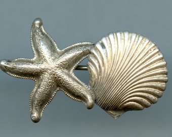 Beau sterling shell starfish pin- brooch, designer, signed, 1950s