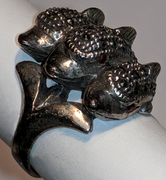 Three Dolphins Sterling Silver Marcasite Ring