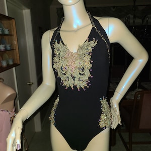 PBL Queen Black & Gold Dance Costume Adult M/L Plain Brown Label semi-custom dance costumes lyrical contemporary  open back halter leotard