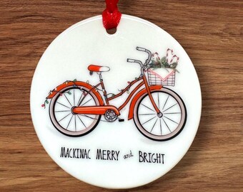Custom  Whimsical “Mackinac Merry and Bright” Bike Ornament