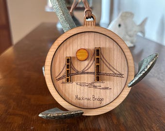 Mackinac Bridge Wooden Christmas Ornament - Custom Mackinac Bridge Engraved Ornament - Mackinac Bridge Ornament - Made in Michigan