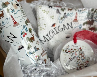Michigan-Lovers Gift Box - Michigan Icons - Michigan Tumbler, Michigan Towel, Michigan Ceramic Ornament, Bonus Sticker and Free Shipping