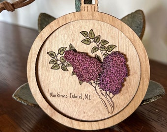 Mackinac Island Lilac  Wooden Christmas Ornament - Custom Lilac Engraved Ornament - Mackinac Island Ornament - Locally Made