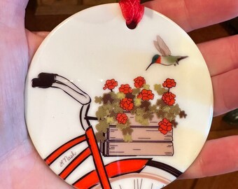 Bike with Geraniums and Hummingbird Ceramic Ornament  - Michigan Artist - Ornament