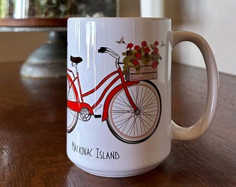 Mackinac Island Bike with Geraniums and Hummingbirds 15 oz Mug - Mackinac Island Mug - Red Bike Mug - Mackinac Island Gift