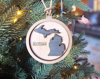 Small (3 Inch) Michigan  Wooden Christmas Ornament - Custom Michigan Engraved Ornament - MIchigan Mitten Ornament - Made in Michigan