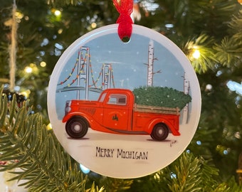 Custom Mackinac Island Ceramic Ornament - Custom Ceramic Ornament - Mackinac Island Ornament - Bike with Christmas Tree - Bike Ornament