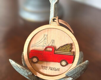 Wooden Christmas Ornament - Red Truck with Christmas Tree - Mackinac Bridge
