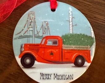 Michigan Mackinac Island Ceramic Ornament - Custom Ceramic Ornament - Mackinac Island Ornament - Bike with Christmas Tree - Bike Ornament