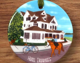 Custom Hotel Iroquois Ornament - Custom Ceramic Ornament - MackinacWedding Gift - Mackinac Island Ornament - Grand Hotel Michigan