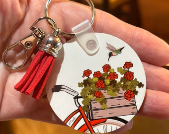 Geranium Bike Hummingbird Keychain - Bike Keychain - Red Keychain