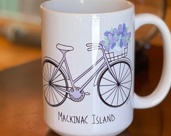 Mackinac Island Mug - Bike with Lilacs - Mackinac Mug - Michigan Mug - making Lilacs - Michigan Gift - Mackinac Bridge