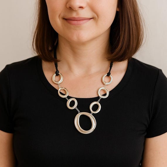 Chicos Statement Circle Link Necklace Silver Tone… - image 1
